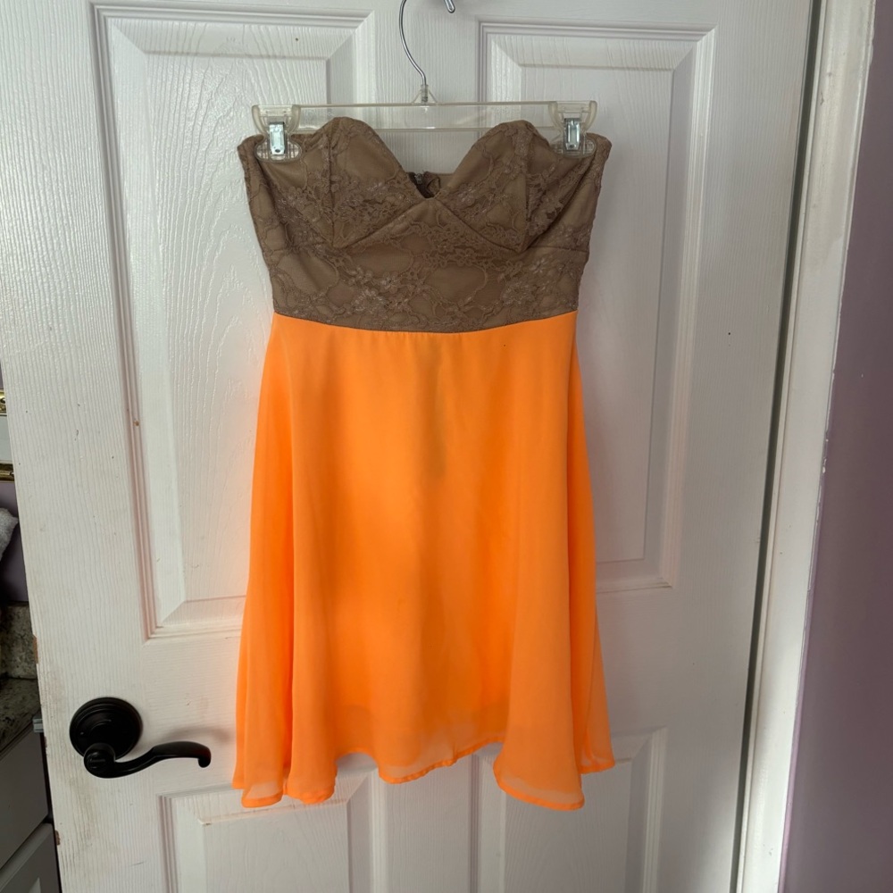 Strapless Orange and Tan Lace Dress Size Small
